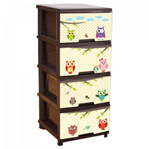 Chest with decor on 4 drawers (dark brown, Owls)